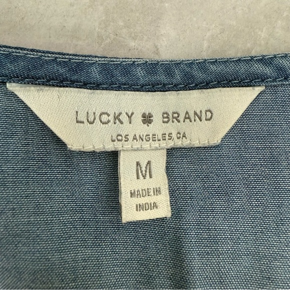 Women’s Lucky Brand Chambray Denim Lace Up Short Sleeve V-Neck Dress Medium - Picture 12 of 16